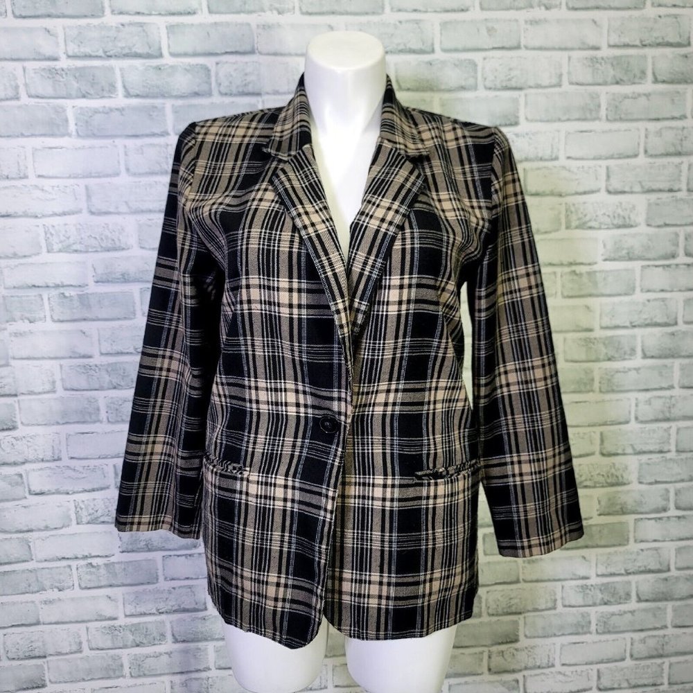 Vintage 80s 90s Requirements Womens 10 Black Tan Plaid Lightweight Blazer